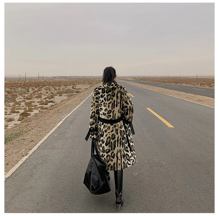 Lautaro Winter Long Leopard Print Warm Fluffy Faux Fur Trench Coat for Women Long Sleeve Double Breasted European Fashion 2021