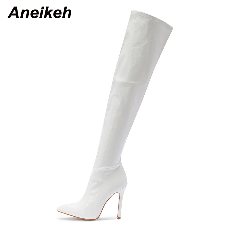 Botas Femininas Listradas de Salto Fino de 11 CM  Sexy Acima do Joelho com Zíper Lateral e Bico Fino