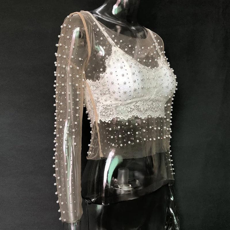 Camiseta feminina sexy transparente Gtpdpllt, malha, patchwork, diamantes, pérolas, slim, tops curtos elegantes, roupas femininas de primavera