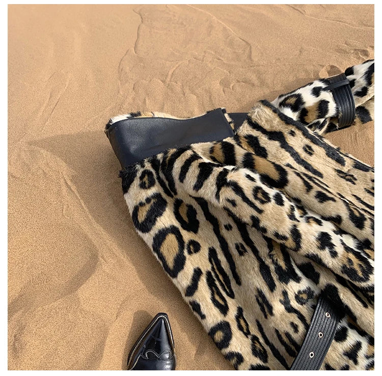 Lautaro Winter Long Leopard Print Warm Fluffy Faux Fur Trench Coat for Women Long Sleeve Double Breasted European Fashion 2021