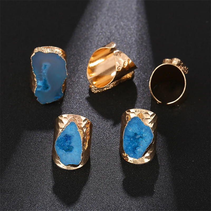 Irregular Geode Stone Agate Slices Wide Open Ring for Women Boho Resizable Finger Jewelry