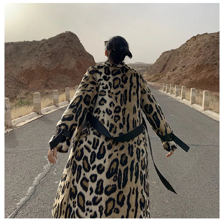 Lautaro Winter Long Leopard Print Warm Fluffy Faux Fur Trench Coat for Women Long Sleeve Double Breasted European Fashion 2021