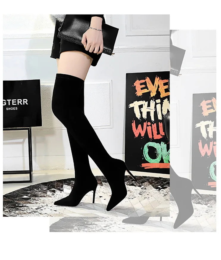 Botas BIGTREE de camurça sexy acima do joelho, pretas, de pelúcia, quentes, femininas, de inverno, finas, de salto alto, botas longas, plus size 42 43