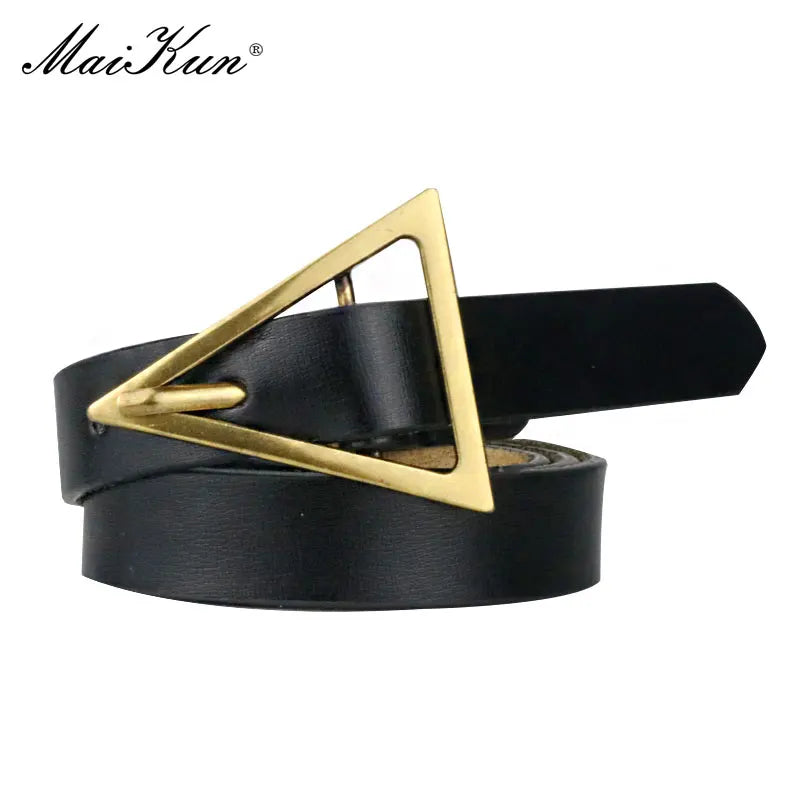 Cinto Fino de Couro Genuíno Vintage Fivela Triângulo Rede Vermelha Calças Femininas Fashion All-match Cós Decorativo