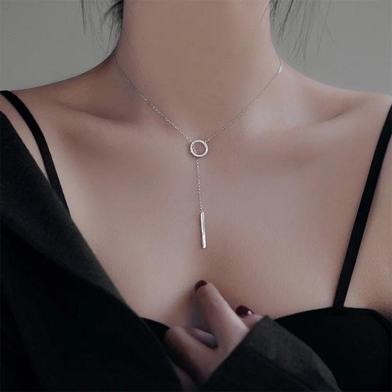 Trendy 925 Sterling Silver Circle Zirconia Long Chain Necklace Shiny Stick Pendants Necklace for Girl Gift Fine Jewelry - CRAVO ROSE