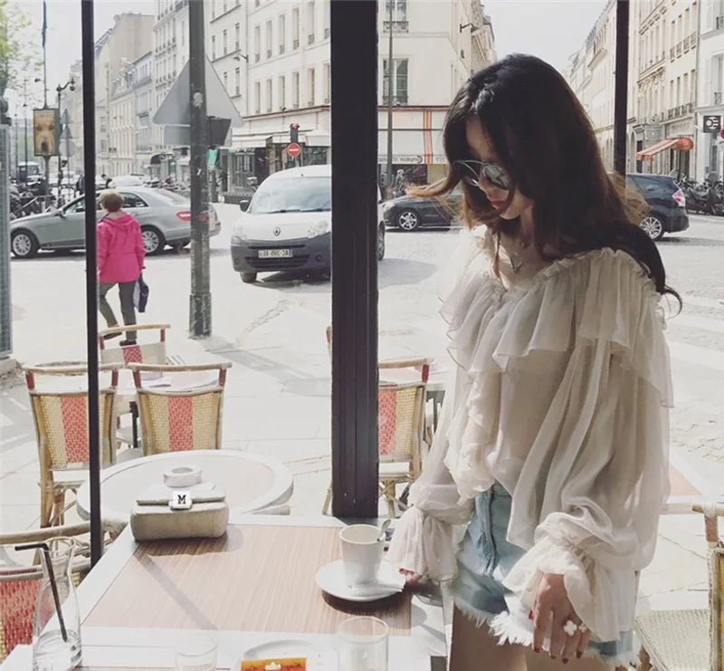 Blusa feminina sexy com decote em V, transparente, estilo boho, de malha, com babados, manga larga, elegante, peplum, com babados, blusa feminina 13459