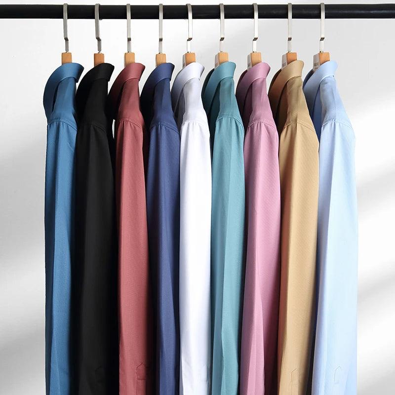 Camisas Sociais Manga Longa Para Homens Regular-Fit Negócios Formal Camisas Sociais Blusa Clássica Roupas - CRAVO ROSE