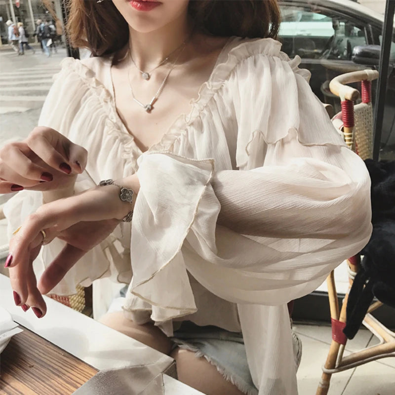 Blusa feminina sexy com decote em V, transparente, estilo boho, de malha, com babados, manga larga, elegante, peplum, com babados, blusa feminina 13459