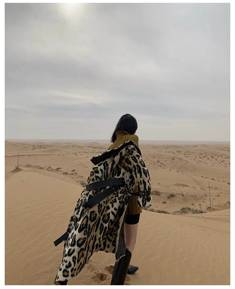 Lautaro Winter Long Leopard Print Warm Fluffy Faux Fur Trench Coat for Women Long Sleeve Double Breasted European Fashion 2021