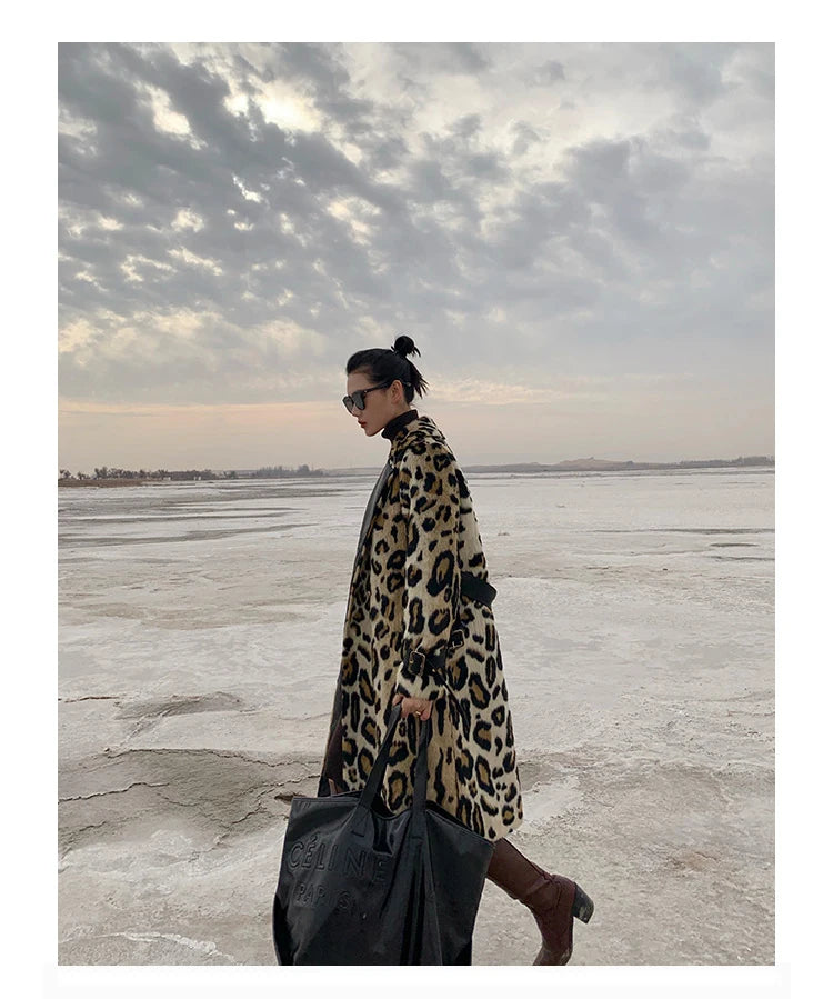 Lautaro Winter Long Leopard Print Warm Fluffy Faux Fur Trench Coat for Women Long Sleeve Double Breasted European Fashion 2021