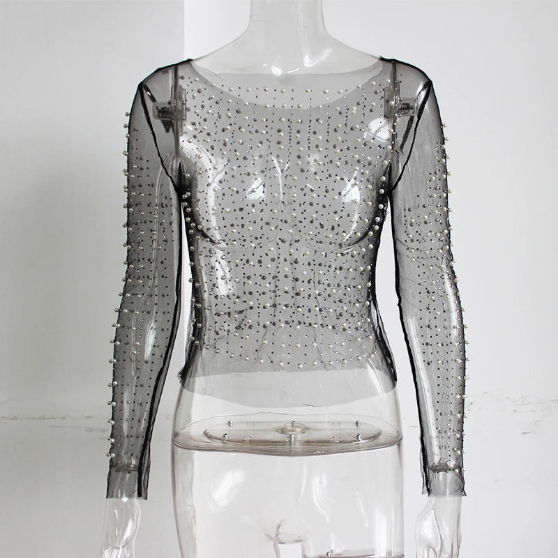 Camiseta feminina sexy transparente Gtpdpllt, malha, patchwork, diamantes, pérolas, slim, tops curtos elegantes, roupas femininas de primavera