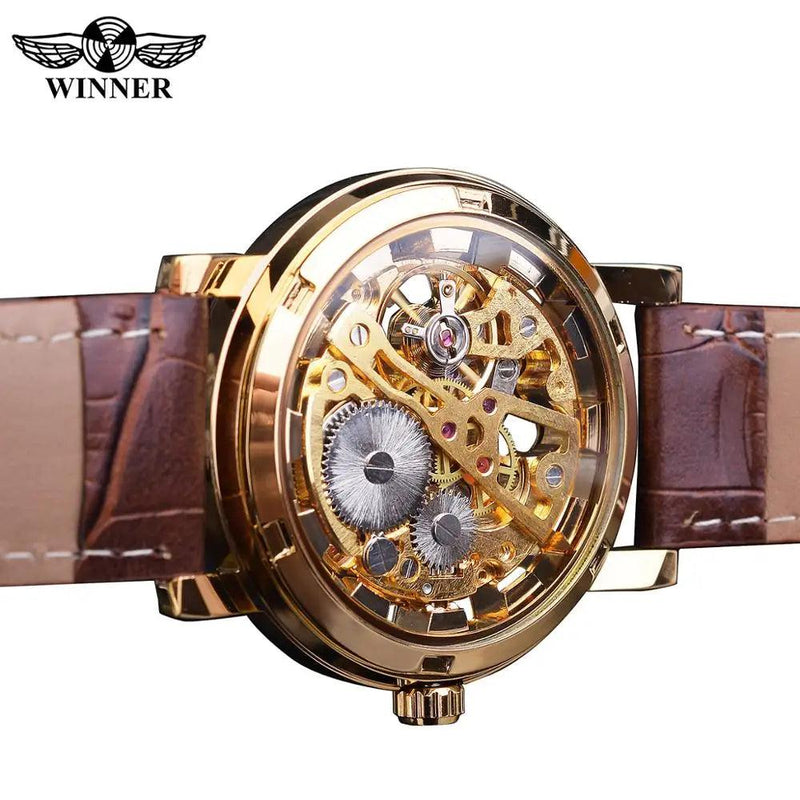 Winner Transparent Fashion Case Luxury Casual Design Leather Strap Mens Watches Top Brand Luxury Mechanical Skeleton Watch - CRAVO ROSE