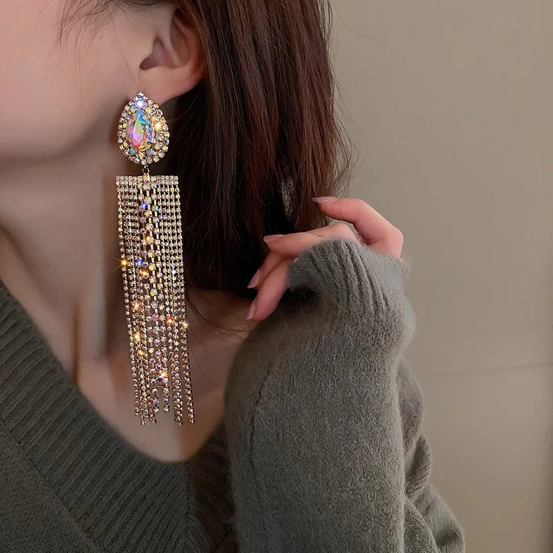 XIALUOKE Black Colorful Water Drop Crystal Earrings Oversize Long Tassel Rhinestone Dangle Earring For Women Statement Jewelry