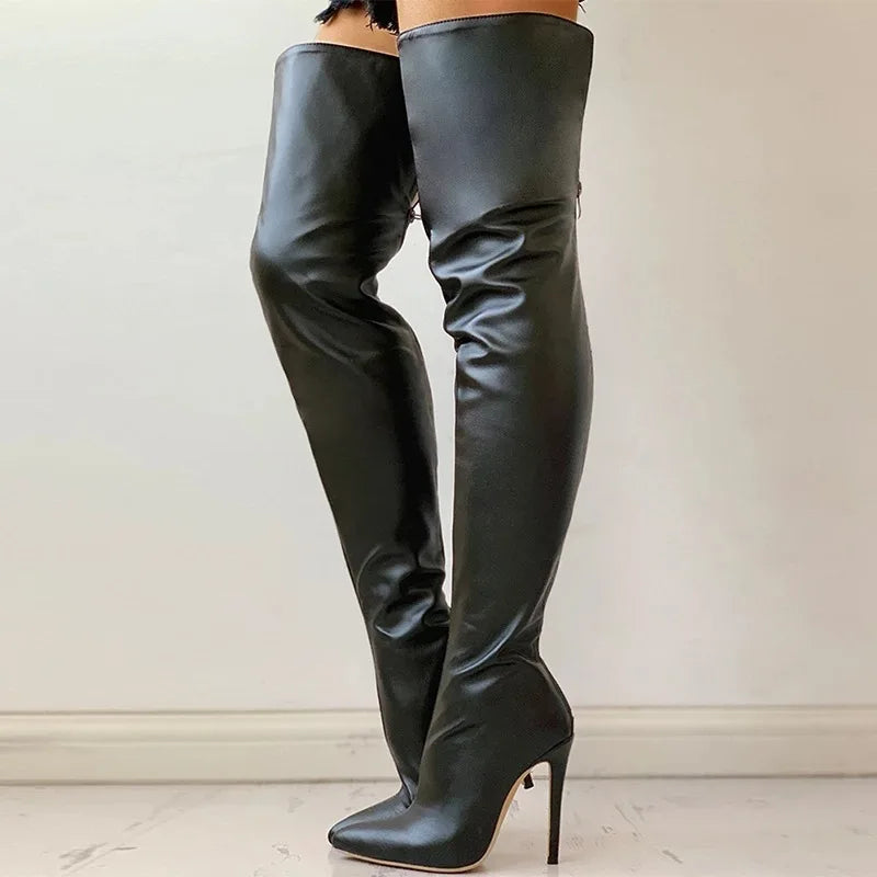 Botas sensuais de salto alto acima do joelho, botas pretas de cano alto para mulheres, sapatos de outono e inverno, botas longas femininas, tamanho grande