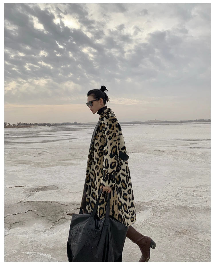 Lautaro Winter Long Leopard Print Warm Fluffy Faux Fur Trench Coat for Women Long Sleeve Double Breasted European Fashion 2021
