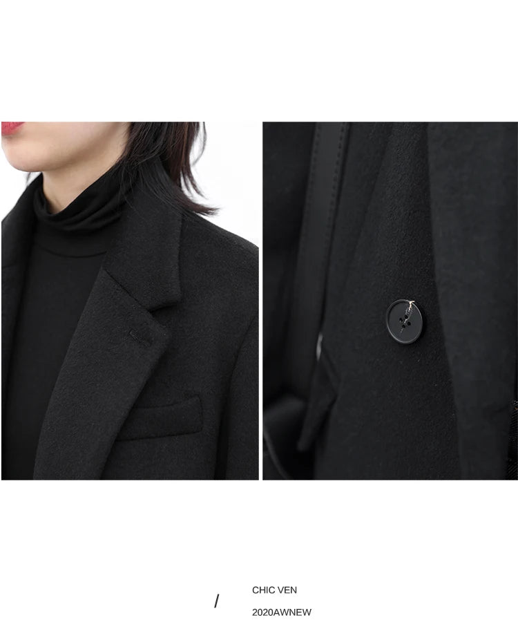Casaco de lã feminino CHIC VEN, blazer longo de lã, blusa grossa e quente, sobretudo feminino, blusa feminina para escritório, outono e inverno