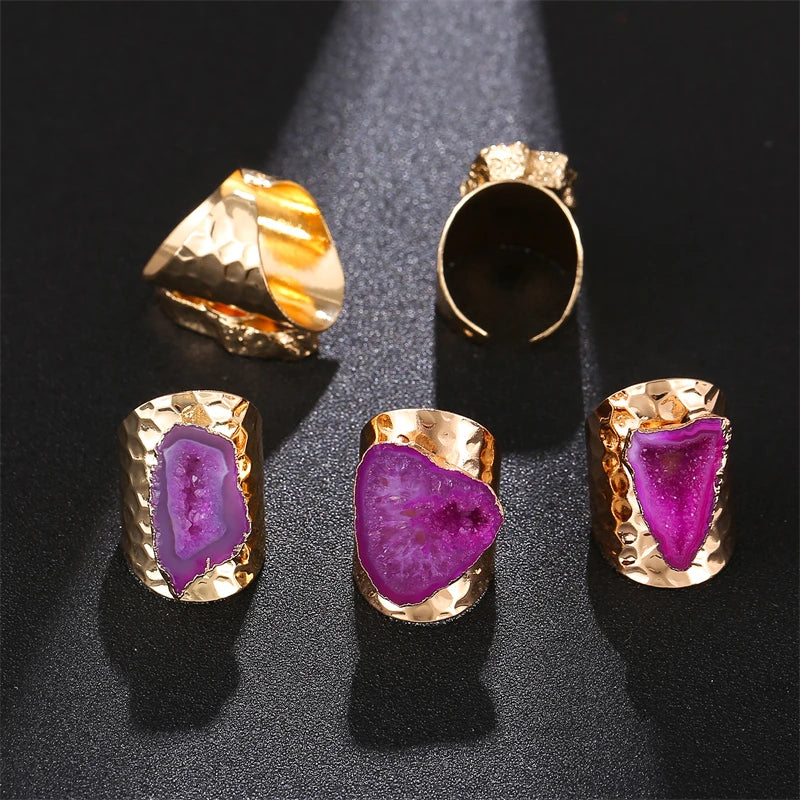 Irregular Geode Stone Agate Slices Wide Open Ring for Women Boho Resizable Finger Jewelry