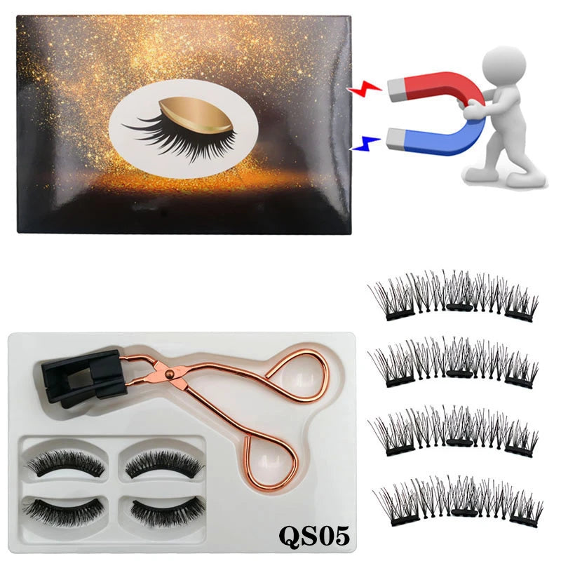 Cílios magnéticos 2 pares de  naturais 3D, 8 peças, cílios postiços magnéticos reutilizáveis feitos à mão com 3 ímãs