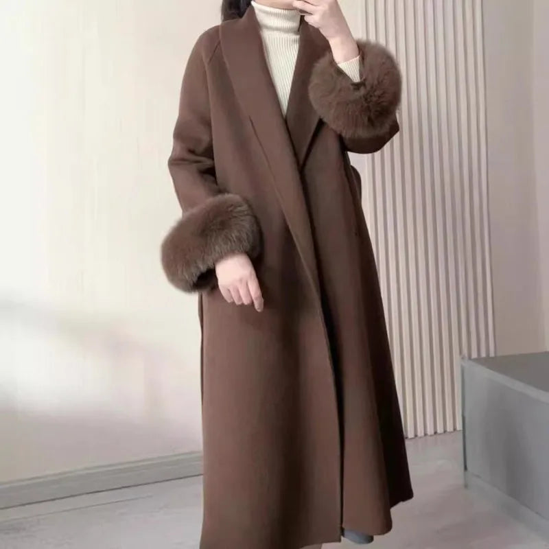 Boutique Inverno Nova Moda Retro Dupla Face Lã Grossa Temperamento Longo Jaqueta Feminina