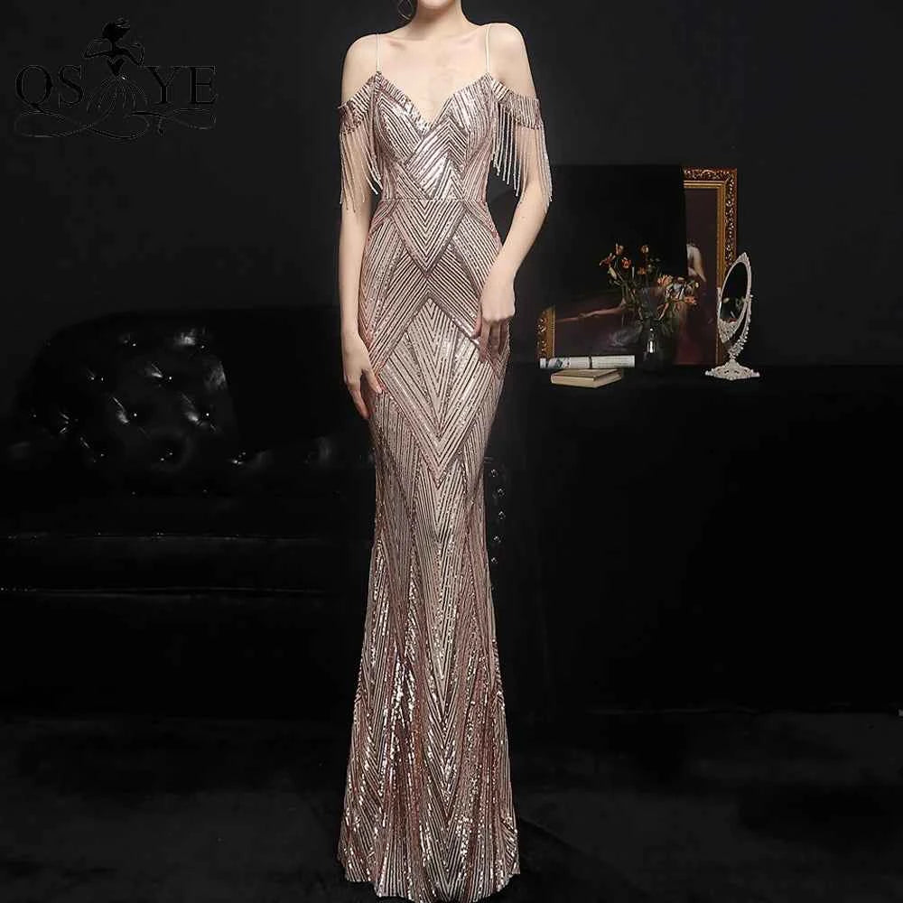 Pattern Lace Gold Evening Dresses Beadings Straps Side Sleeves Prom Party Dress Golden Sequin Mermaid Long Women Formal Dress