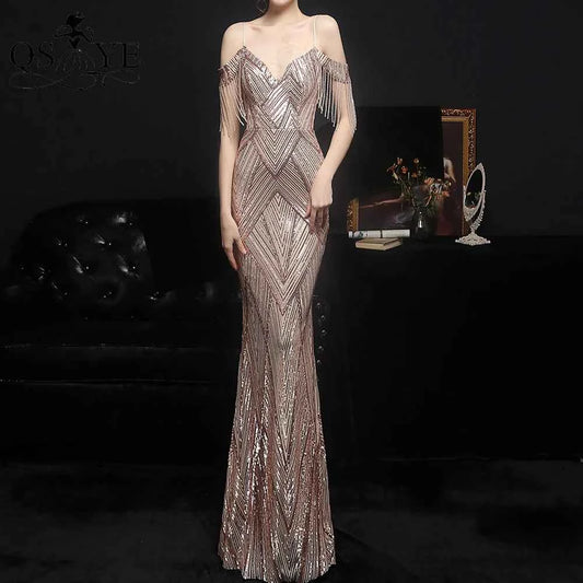 Pattern Lace Gold Evening Dresses Beadings Straps Side Sleeves Prom Party Dress Golden Sequin Mermaid Long Women Formal Dress