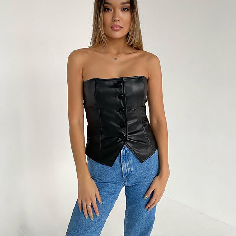 Wsevypo Preto PU Sem Alças Feminino Ombro A Ombro Botões Regatas Estilo Rua Gótico Sexy Corpete Tops Corpetes de Couro Sintético