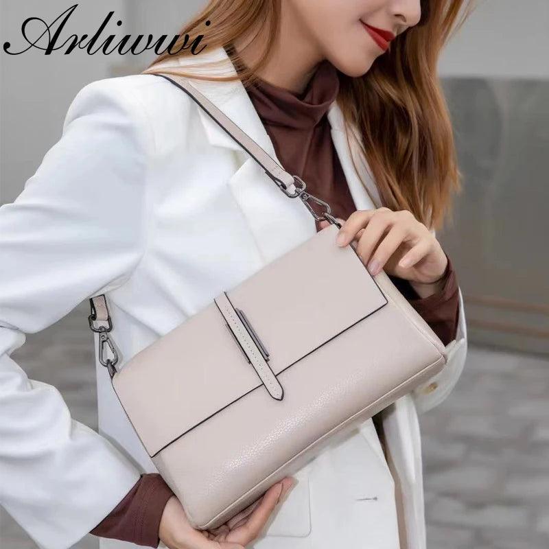 Arliwwi Designer Real Cow Leather Lady's Flap Messenger Bags Soft Genuine Cowhide Functional Shoulder Handbags New - CRAVO ROSE