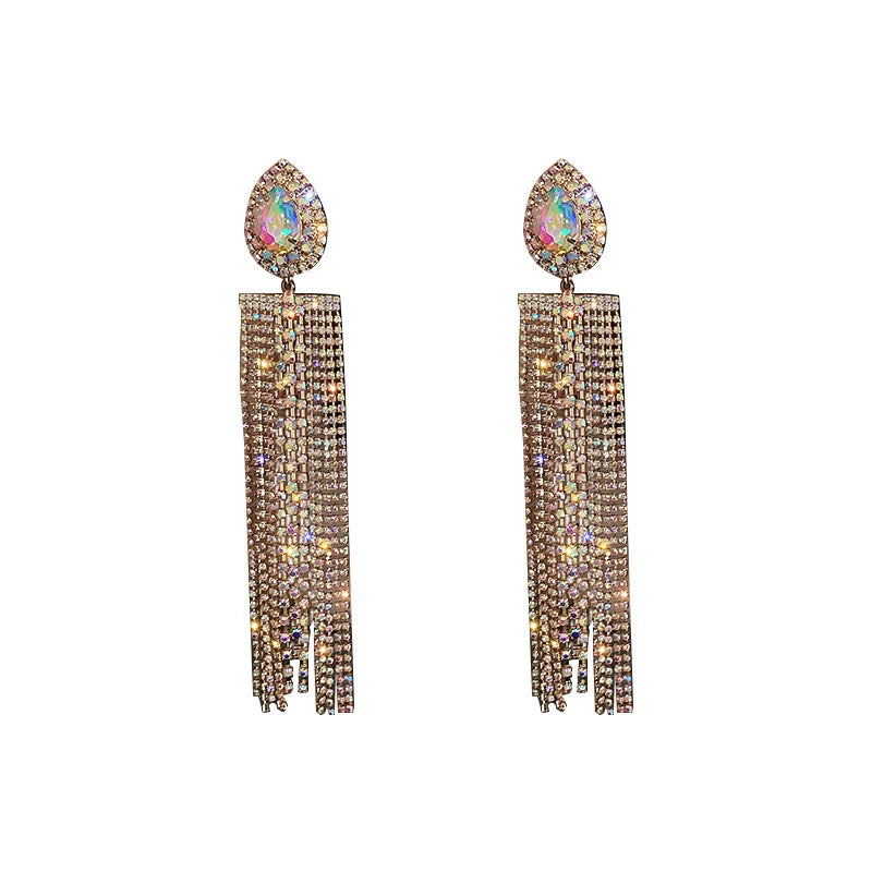 XIALUOKE Black Colorful Water Drop Crystal Earrings Oversize Long Tassel Rhinestone Dangle Earring For Women Statement Jewelry