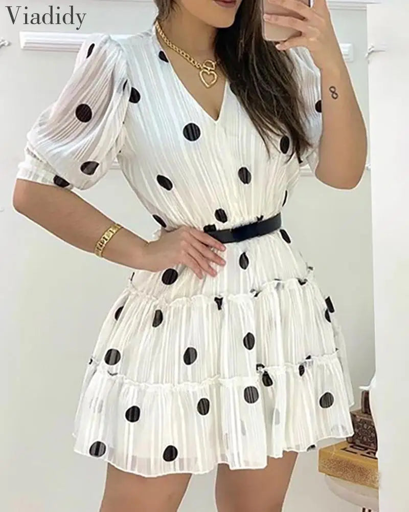 Vestido feminino de malha com bolinhas, manga bufante, linha A, babados doces, decote em V, minivestido casual sem cinto - CRAVO ROSE