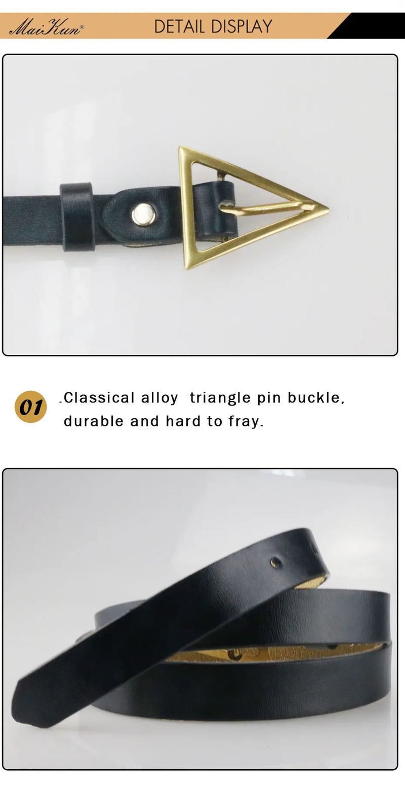 Cinto Fino de Couro Genuíno Vintage Fivela Triângulo Rede Vermelha Calças Femininas Fashion All-match Cós Decorativo