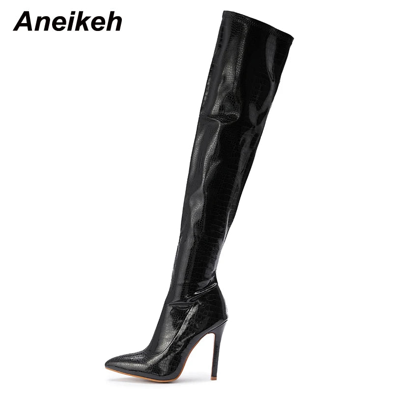 Botas Femininas Listradas de Salto Fino de 11 CM  Sexy Acima do Joelho com Zíper Lateral e Bico Fino