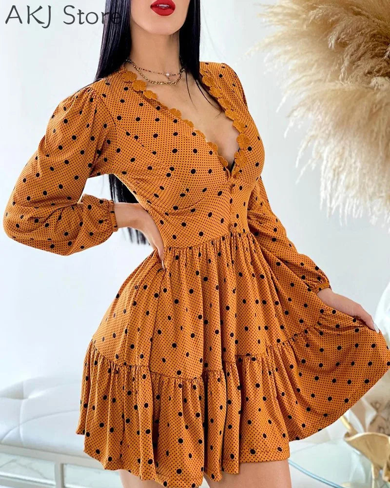 Women Lantern Sleeve Plunge Polka Dot Print Floral Ruffles Dress - CRAVO ROSE