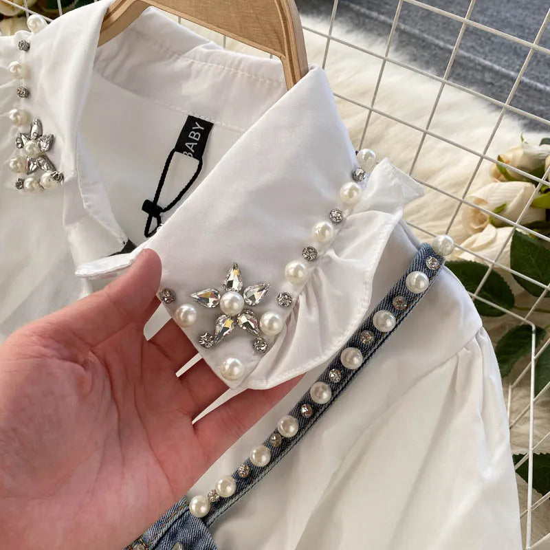 Blusa feminina nova primavera outono com contas de diamantes e manga bufante, top com borlas e pérolas, colete com alça, camisa de duas peças