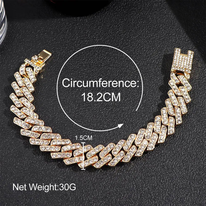 Fashion Bling Paved Rhinestone Prong Cuban Chain Bracelet for Women Men Hip Hop Iced Out Chunky Link Chain Bracelets New Jewelry