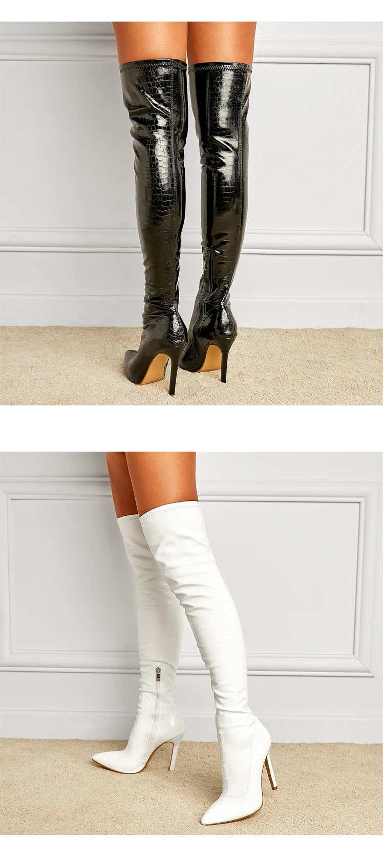 Botas Femininas Listradas de Salto Fino de 11 CM  Sexy Acima do Joelho com Zíper Lateral e Bico Fino