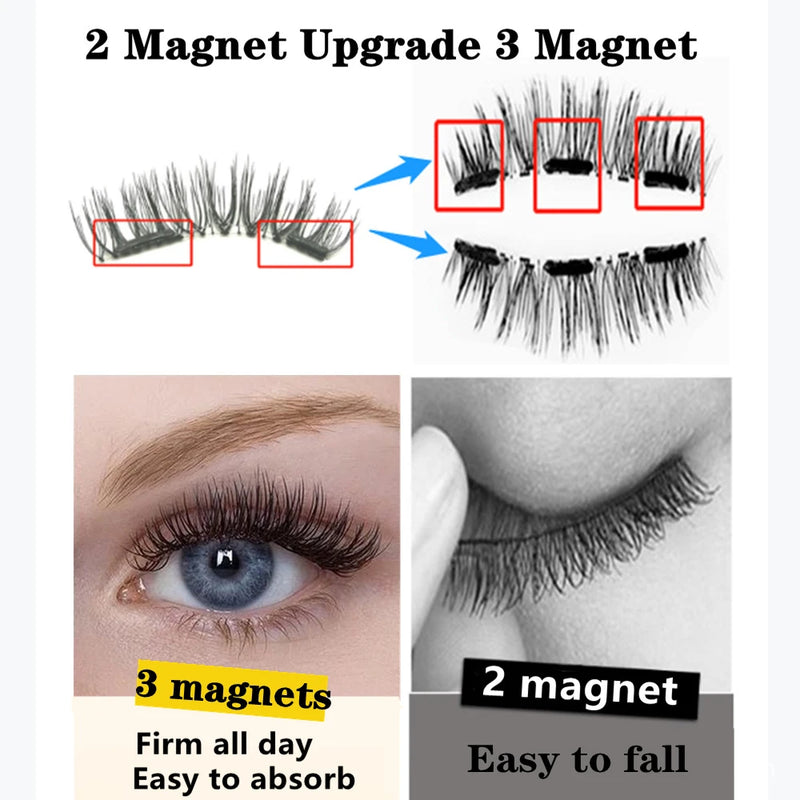 Cílios magnéticos 2 pares de  naturais 3D, 8 peças, cílios postiços magnéticos reutilizáveis feitos à mão com 3 ímãs