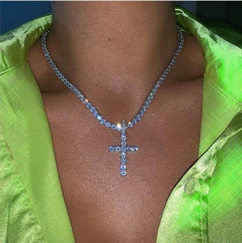 Shiny White Crystals Cross Pendant Necklace Holy Crystals Cross Pendant with Rhinstone Chain Unisex Fashion Jewelry - CRAVO ROSE