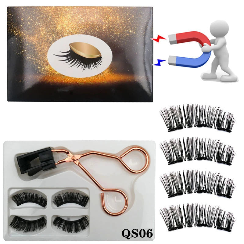Cílios magnéticos 2 pares de  naturais 3D, 8 peças, cílios postiços magnéticos reutilizáveis feitos à mão com 3 ímãs