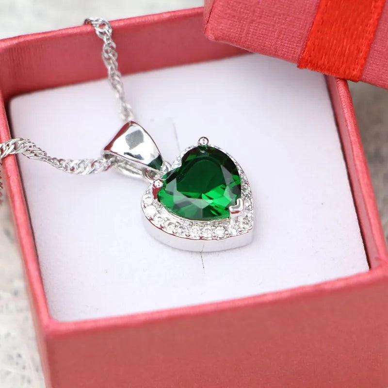 Heart Pendant Necklace Green Cubic Zirconia 925 Silver Jewelry for Women - CRAVO ROSE