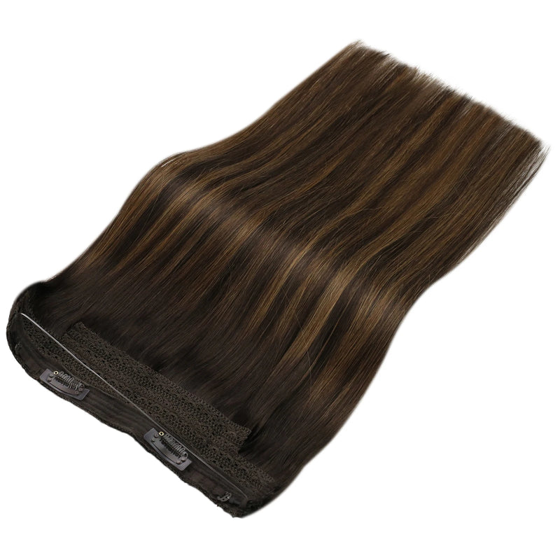 Extensões de cabelo VeSunny Fish Wire, cabelo humano natural, máquina marrom, extensão de cabelo de uma peça, fio de pesca invisível com 2 clipes
