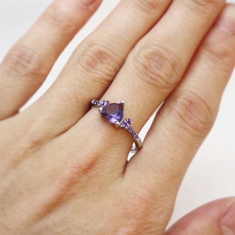 With Credentials Real Tibetan Silver Amethyst Ring Lovely Heart Shape Purple Zircon Crystal Ring for Women Jewelry Romantic Gift - CRAVO ROSE