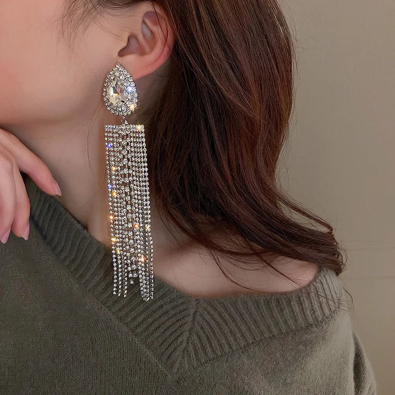 XIALUOKE Black Colorful Water Drop Crystal Earrings Oversize Long Tassel Rhinestone Dangle Earring For Women Statement Jewelry