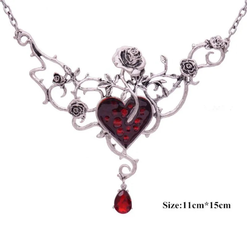 Women Jewelry Set Red Heart Rose Flower Necklace Ear Studs Sets Goth Jewelry Retro Choker Earring Halloween Xmas Gift