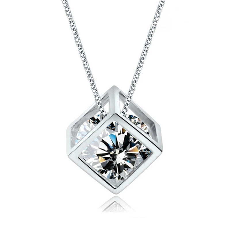 925 Sterling Silver Cube Zirconia Pendant Necklace For Women Gift 45cm Link Chain choker collares kolye S-N76
