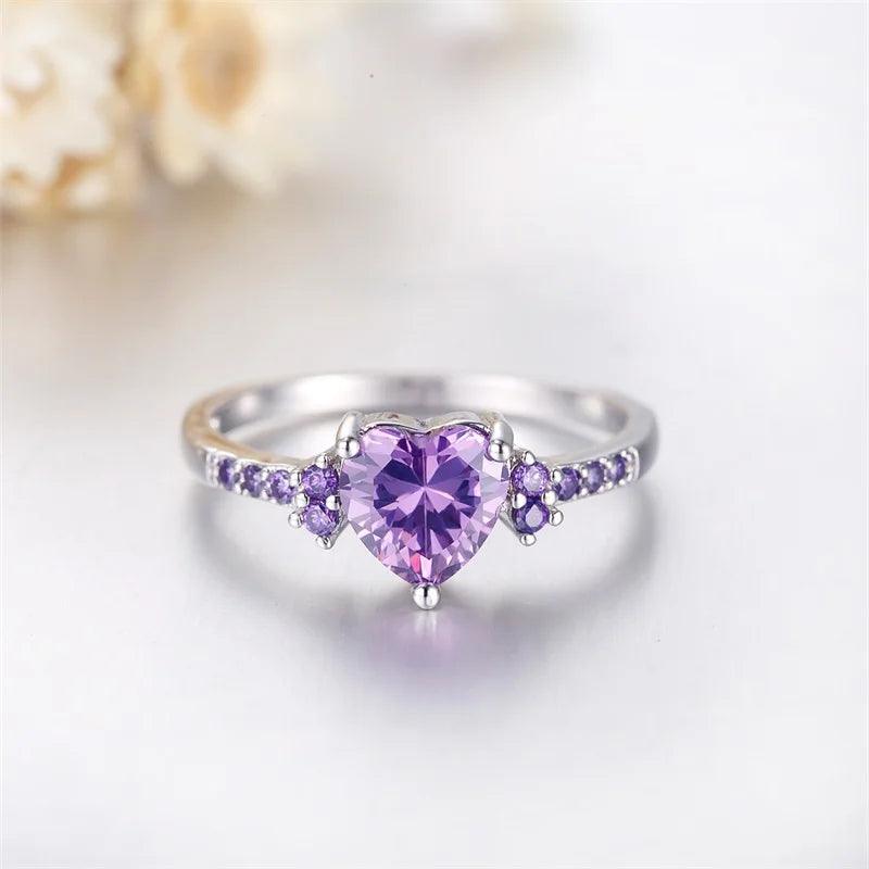 With Credentials Real Tibetan Silver Amethyst Ring Lovely Heart Shape Purple Zircon Crystal Ring for Women Jewelry Romantic Gift - CRAVO ROSE