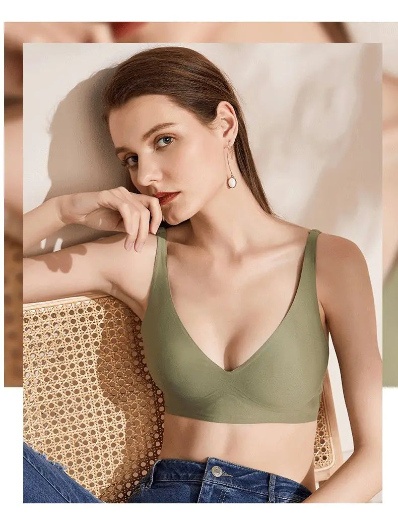 Seamless Women Underwear Sexy V-neck No Steel Ring Small Chest Gathered Adjustable Support  Small Comfortable Thin Top Bra