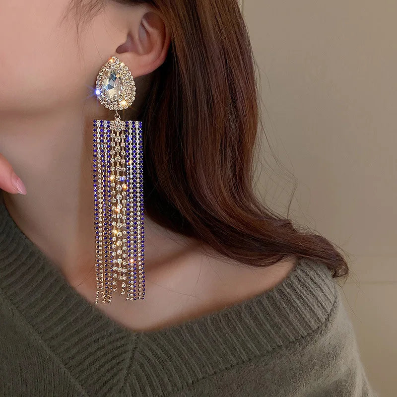 XIALUOKE Black Colorful Water Drop Crystal Earrings Oversize Long Tassel Rhinestone Dangle Earring For Women Statement Jewelry
