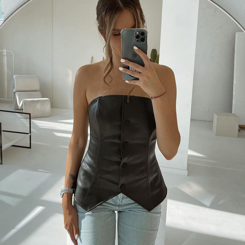 Wsevypo Preto PU Sem Alças Feminino Ombro A Ombro Botões Regatas Estilo Rua Gótico Sexy Corpete Tops Corpetes de Couro Sintético
