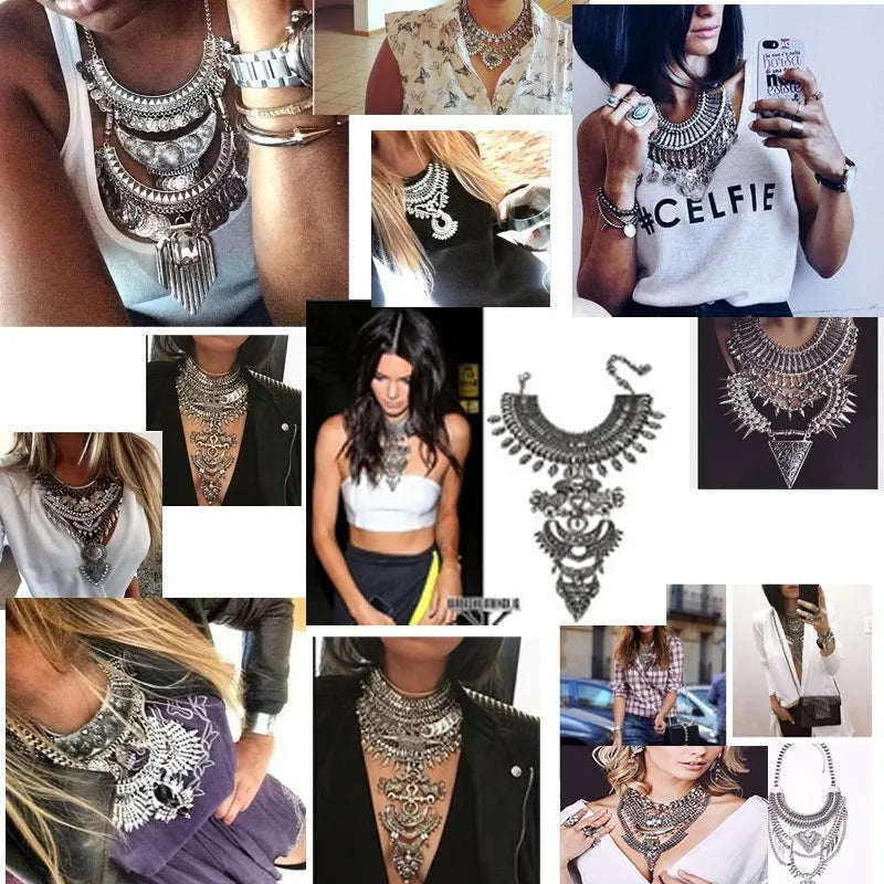 Indian Fashion Silver Plated Vintage Statement Large Necklace Women Boho Ethnic Maxi Big Collar Chunky Choker Necklace Jewelry