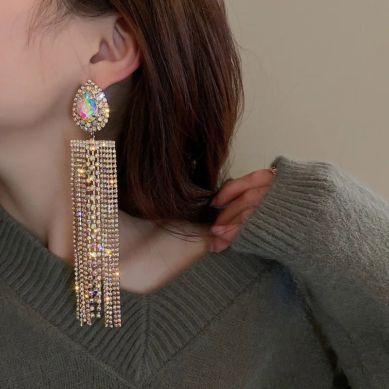 XIALUOKE Black Colorful Water Drop Crystal Earrings Oversize Long Tassel Rhinestone Dangle Earring For Women Statement Jewelry
